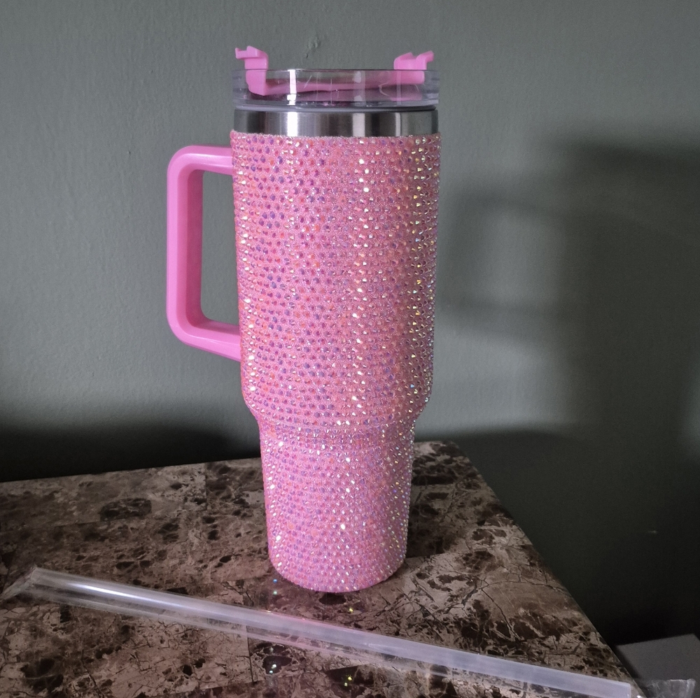 Rhinestone Glitter Bling 40oz tumbler w/Handle & Straw- Stainless Steel NIB - Picture 3 of 5